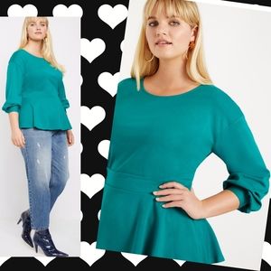 Eloquii Puff Sleeve Peplum Teal Top